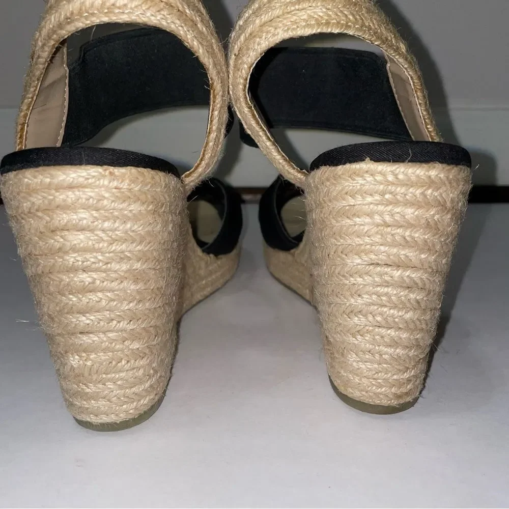 San & Libby Espadrille Wedge Sandals Black Strappy Women's Size 8